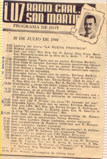 1940 Programa de Radio LU7 según aparecía en La Nueva Provincia con foto de Mario J.