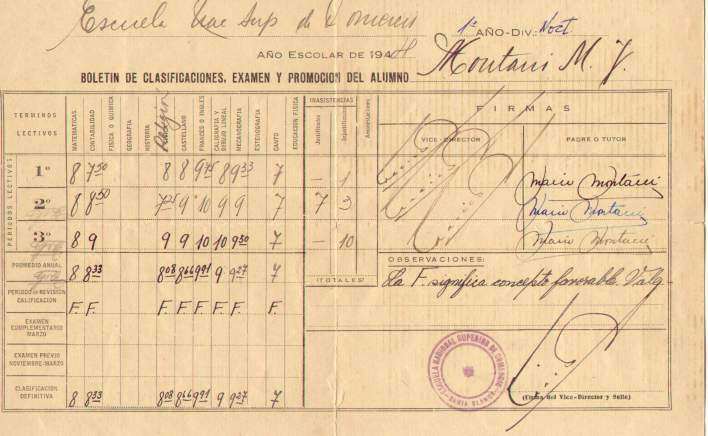 1944 Boletin de Calificaciones de la Escuela de Comercio donde Mario cursaba su secundario en horario nocturno.