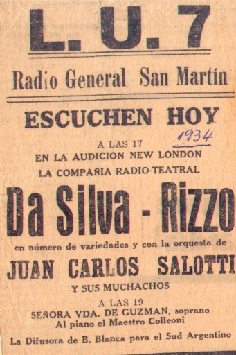1934 Propaganda de "La Nueva Provincia" de la programación de LU7 con "Salotti y sus Muchachos".