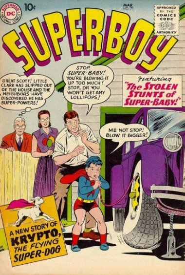 Esta era la tapa original de la revista que papá me regaló. Era el Superboy Nº 71 de Marzo de 1959 en la edición USA. Llegaba la traducción vía Mexico exactamente un año después, así que yo acababa de cumplir mis 8 años.